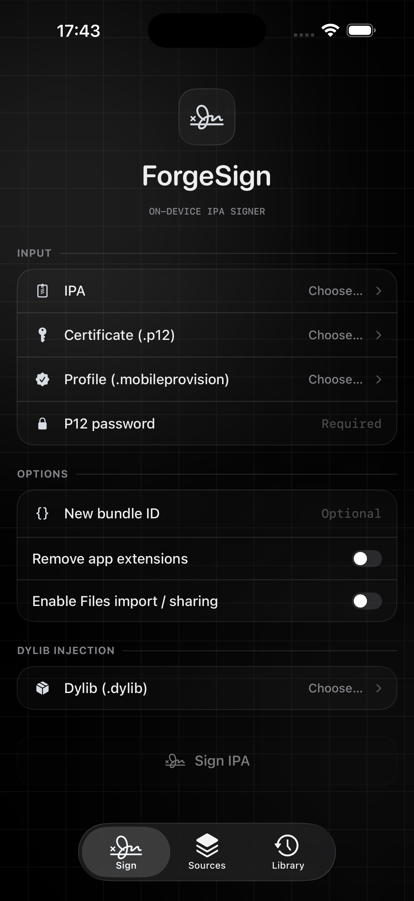 ForgeSign Sign tab in dark mode