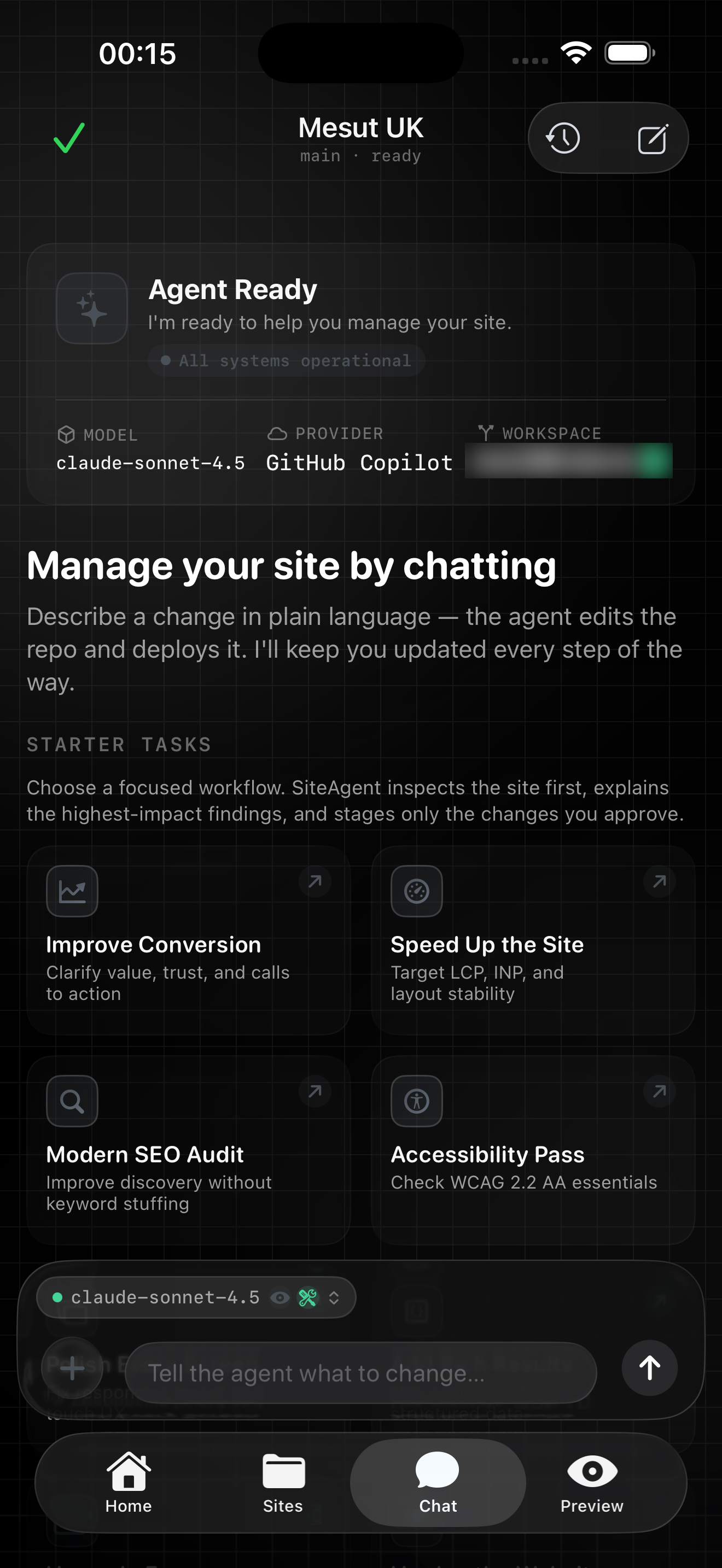SiteAgent Chat screen in dark Colorless Clear Glass mode