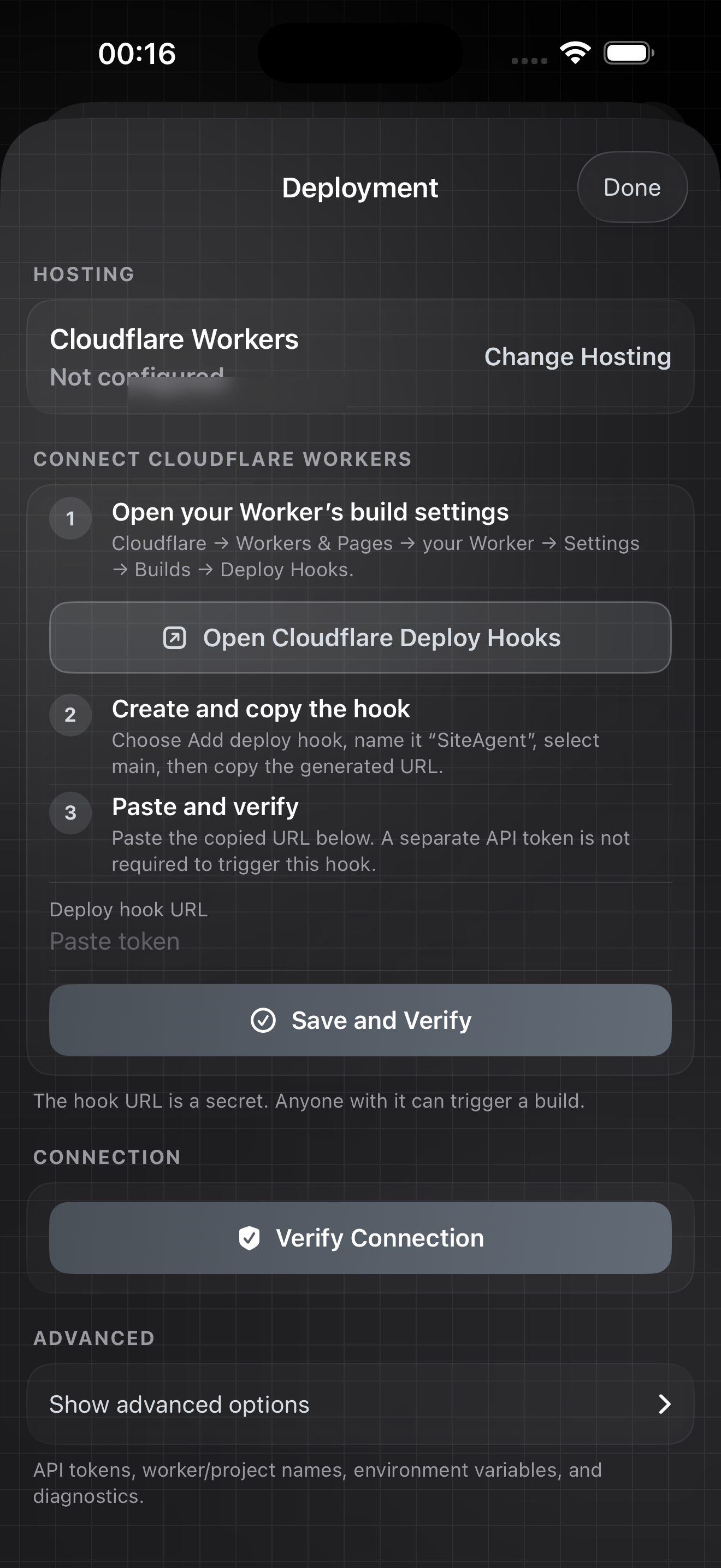 SiteAgent Deployment settings in dark Colorless Clear Glass mode