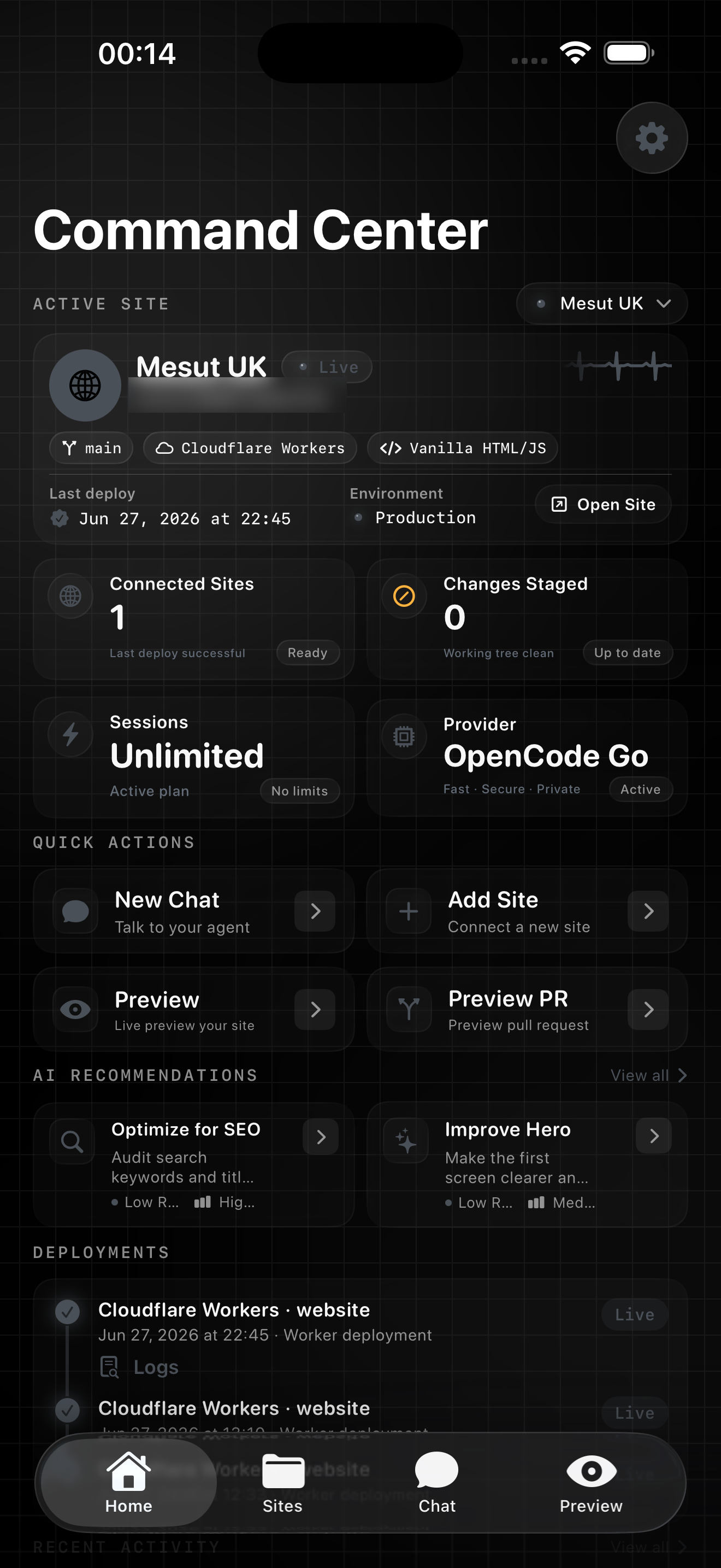 SiteAgent Home command center in dark Colorless Clear Glass mode