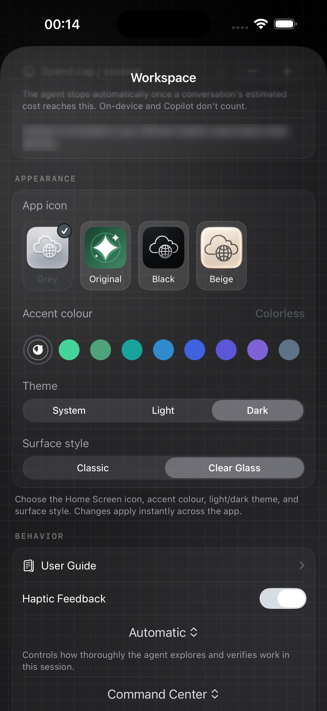 SiteAgent Appearance settings showing Colorless, Dark, and Clear Glass selected