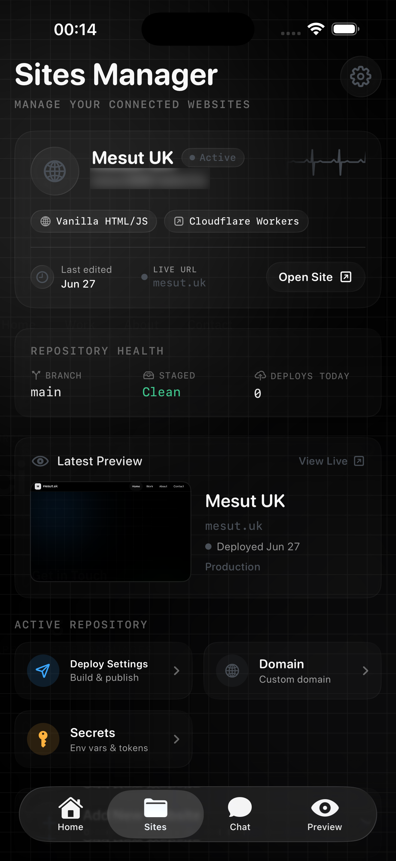 SiteAgent Sites Manager in dark Colorless Clear Glass mode