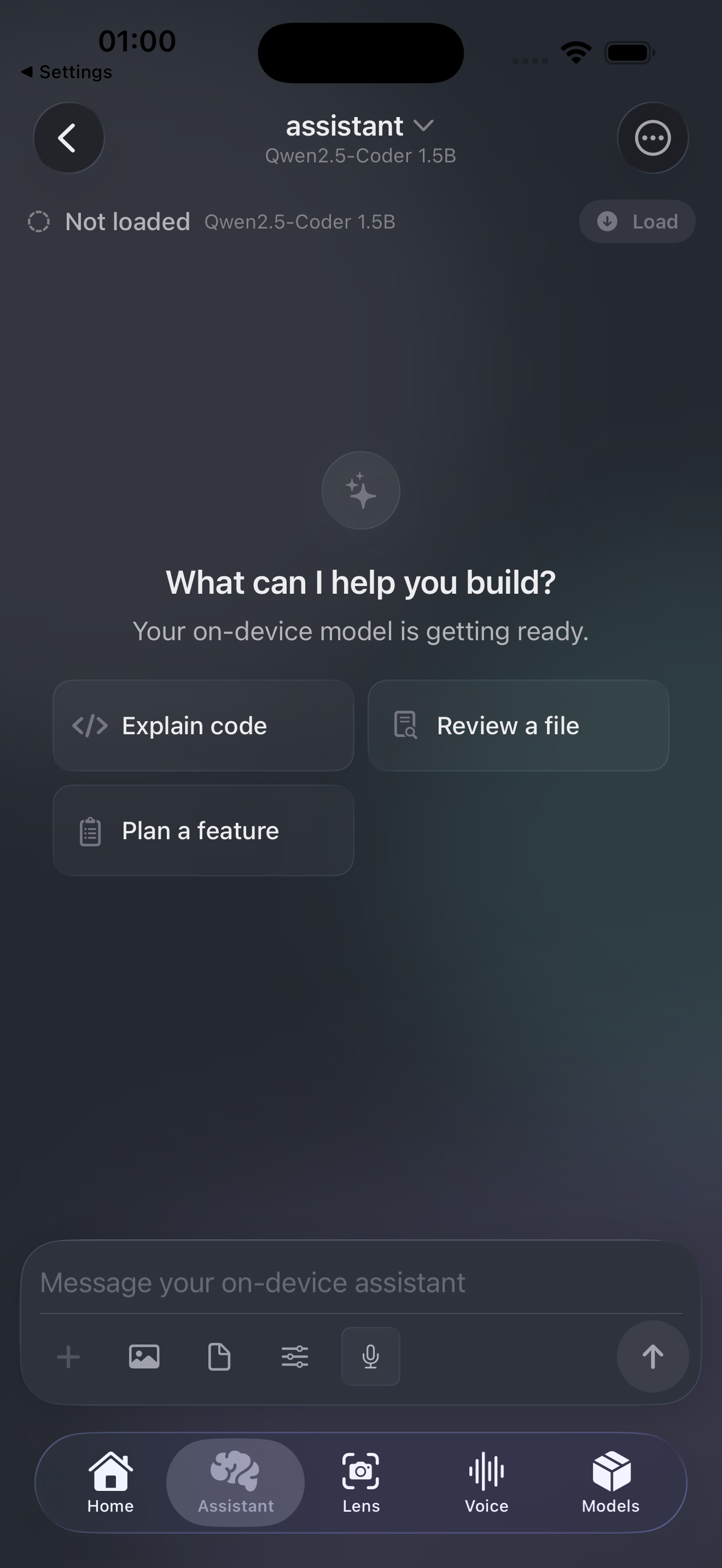 CodeLens Assistant screen in dark mode with local model status and prompt actions