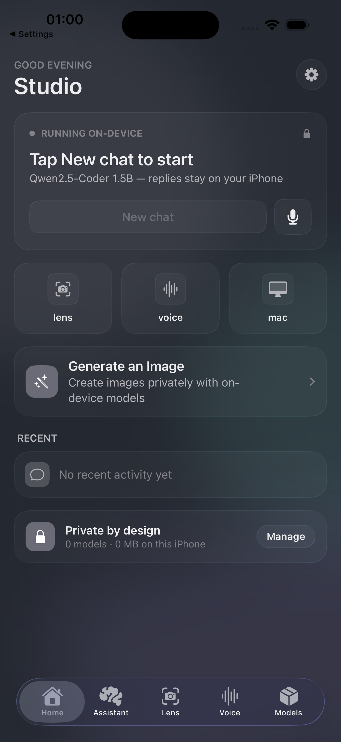 On Device LLM Studio home screen in dark mode, showing local tools and on-device status