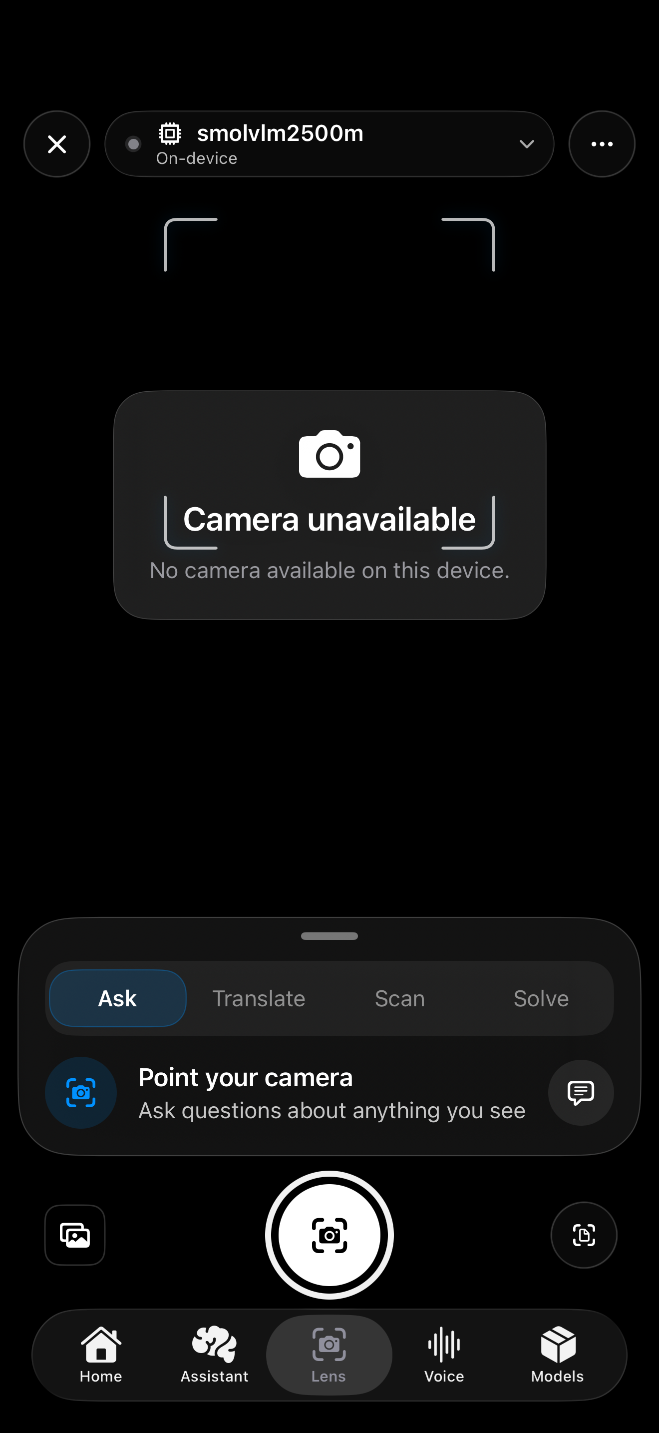 CodeLens Lens screen in dark mode showing the simulator camera-unavailable state