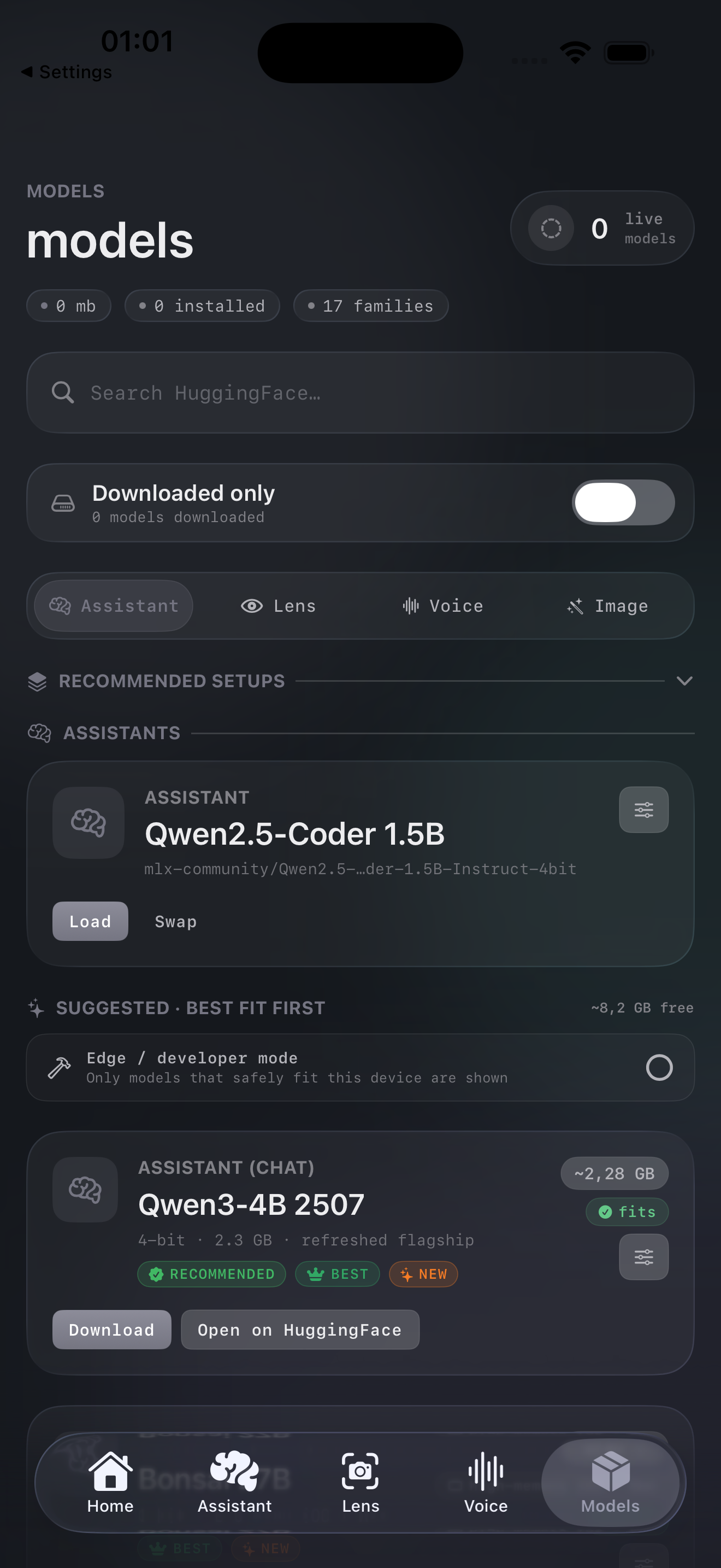 CodeLens Models screen in dark mode showing model families and a Qwen3 recommended model card
