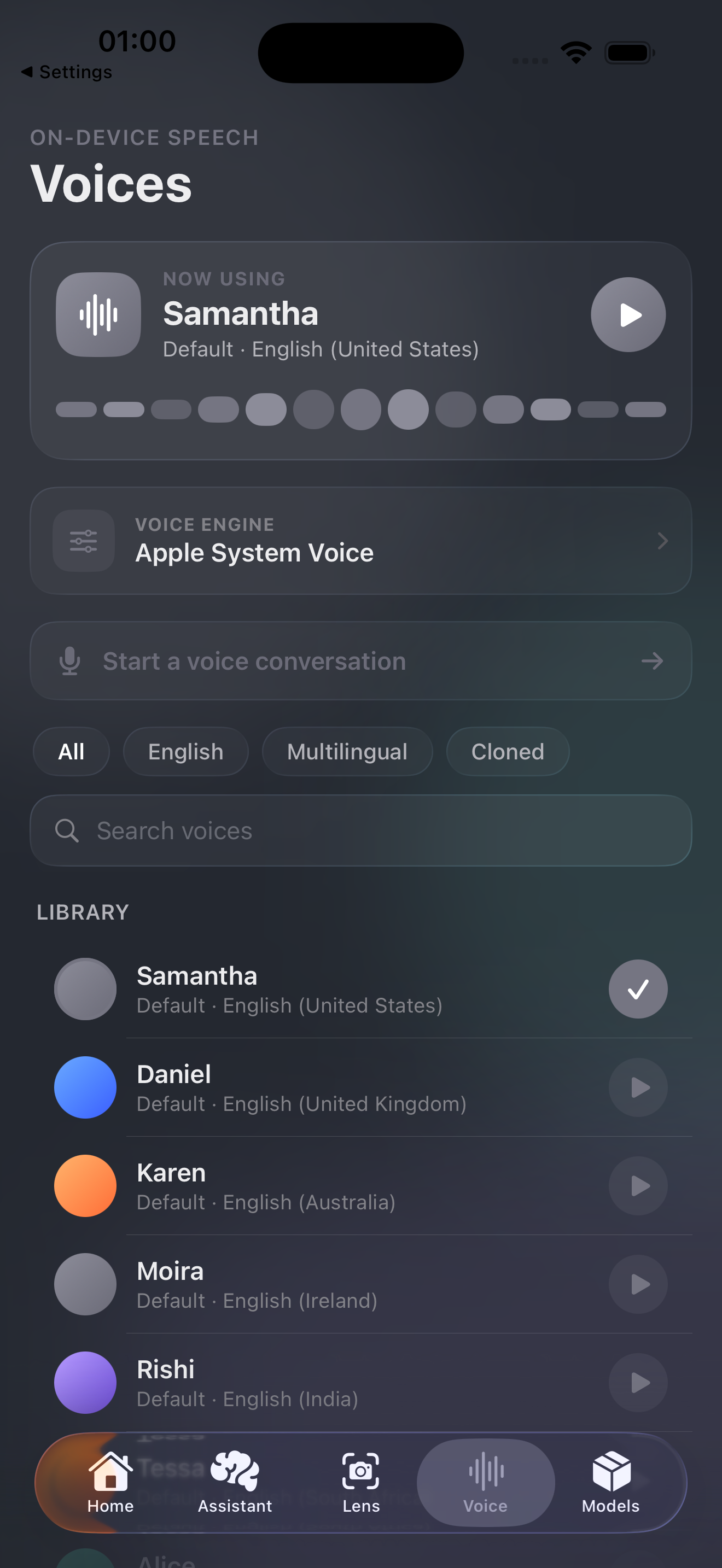 CodeLens Voice screen in dark mode showing local speech controls