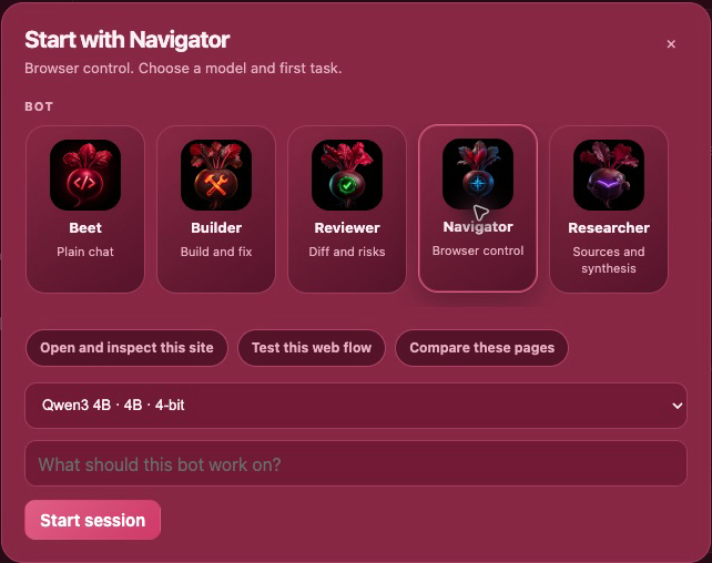 Vamp Assistant Remote browser-control setup with Navigator selected and suggested web tasks
