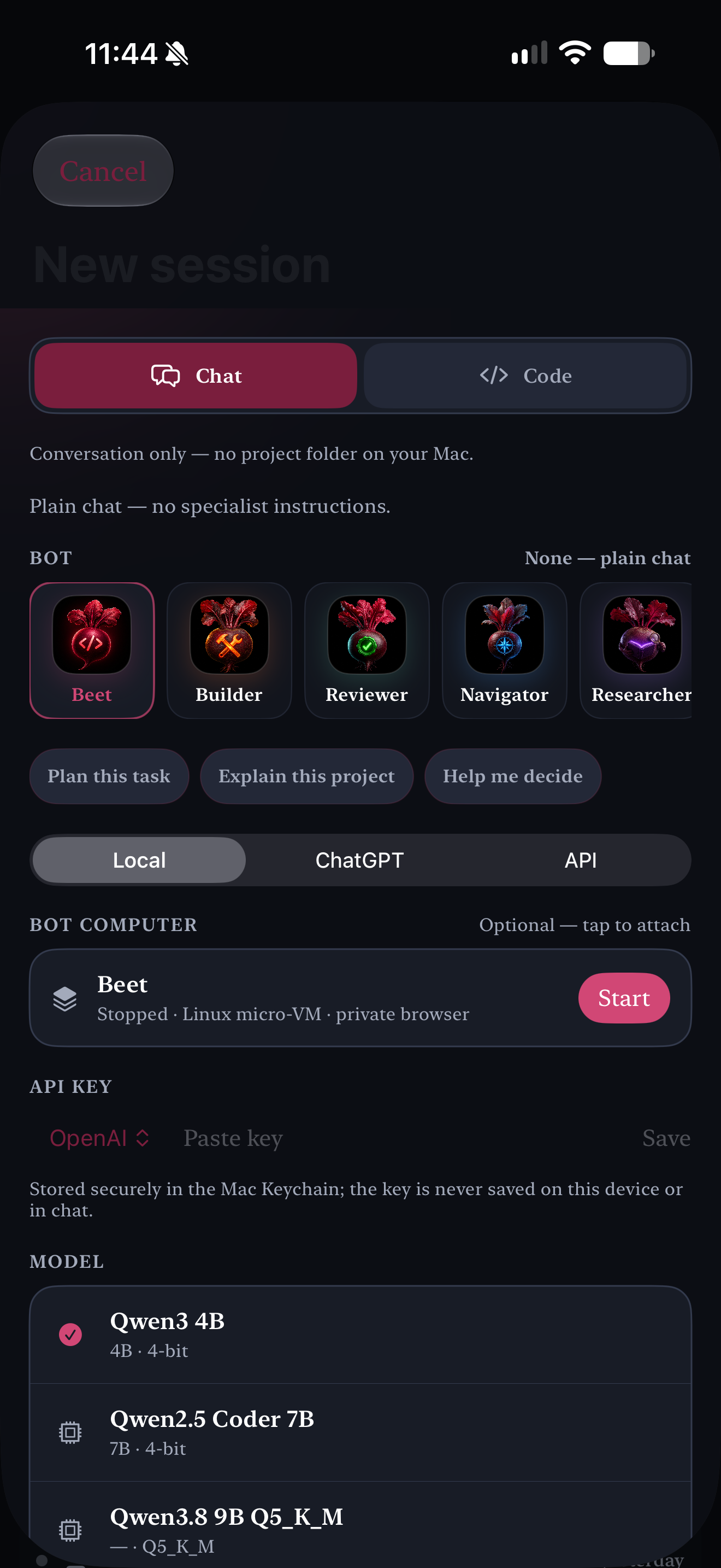 Vamp Assistant new session screen with Assistant, Builder, Reviewer, Navigator, and other bots