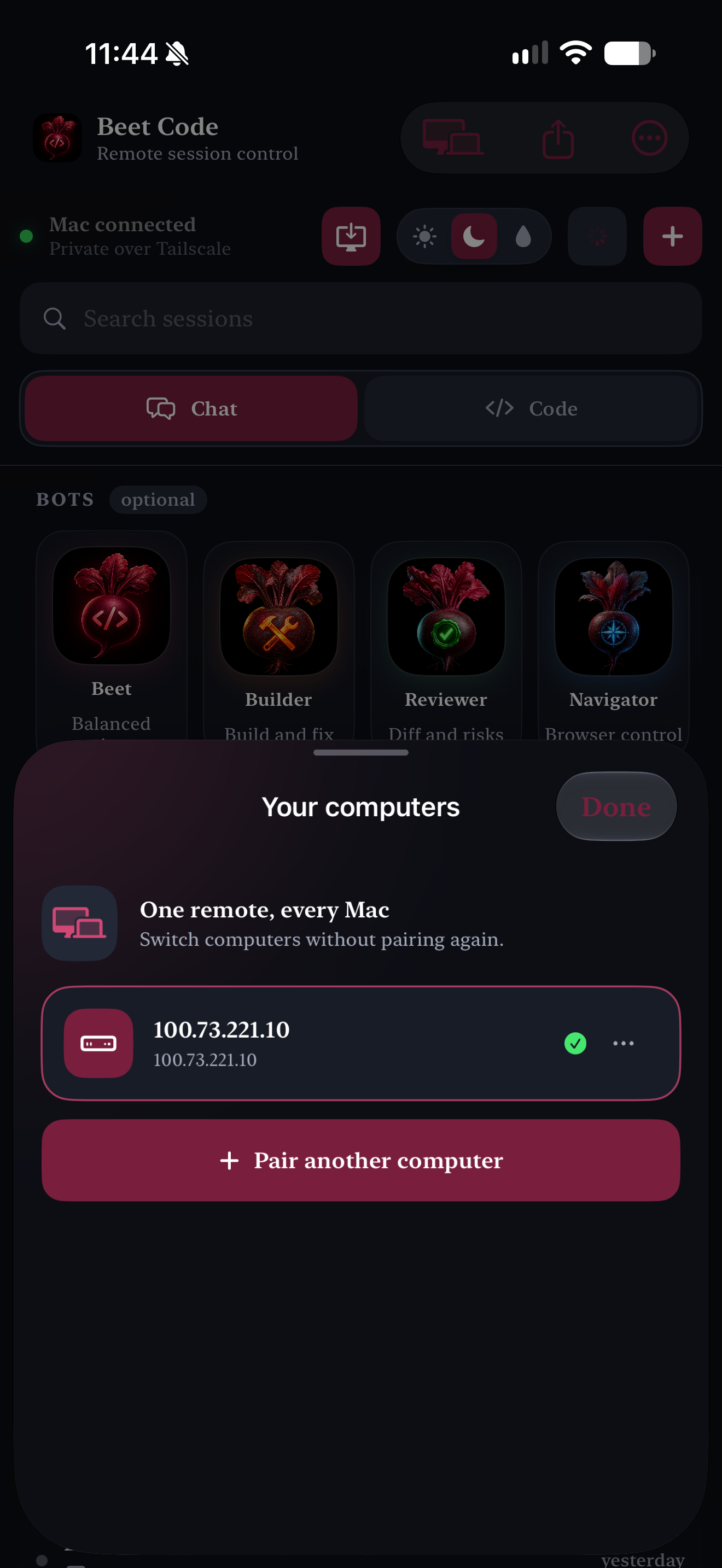 Vamp Assistant Remote computer switcher showing a paired Mac