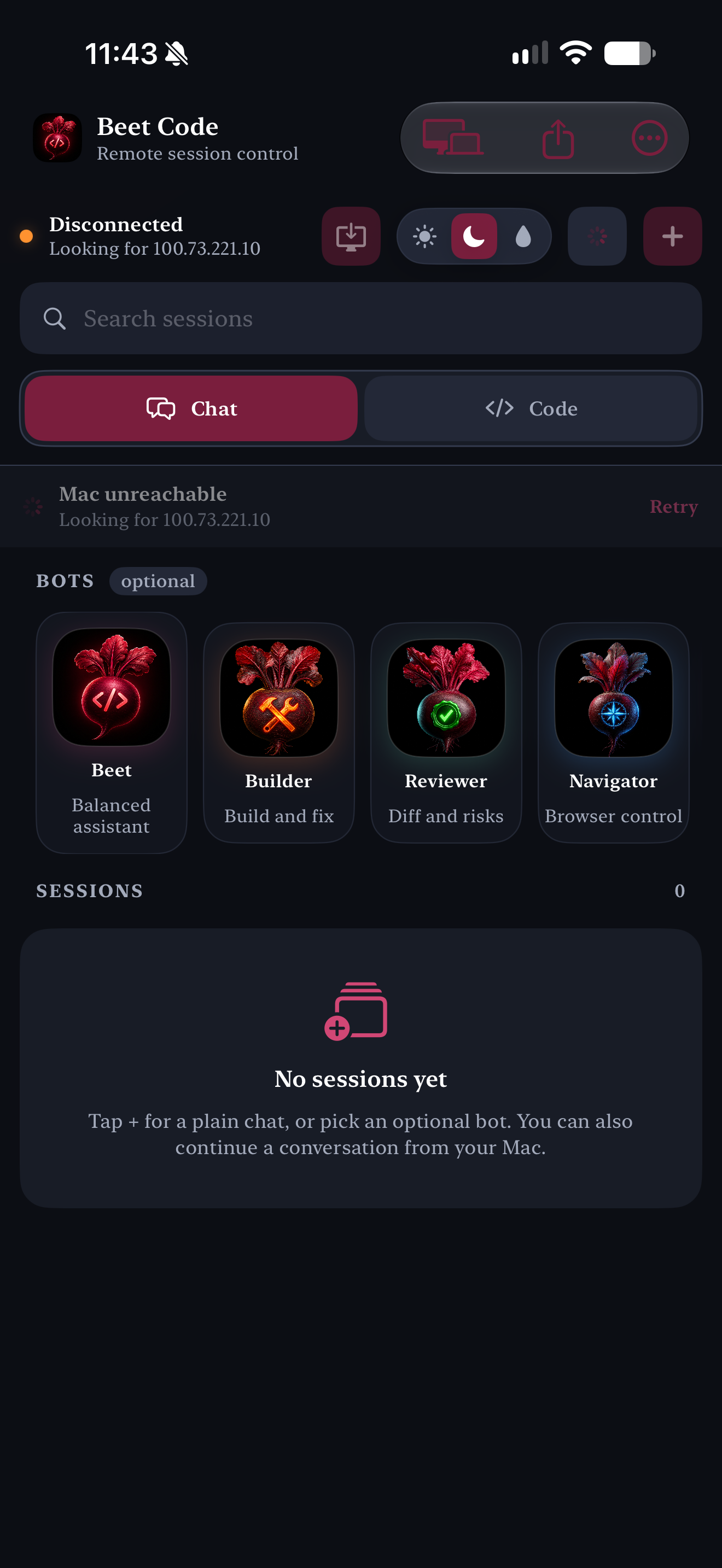 Vamp Assistant Remote home screen with sessions and optional bots