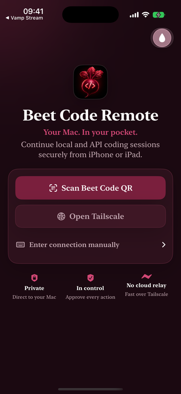 Vamp Assistant Remote iOS pairing screen with QR pairing, Tailscale, and direct-to-Mac messaging