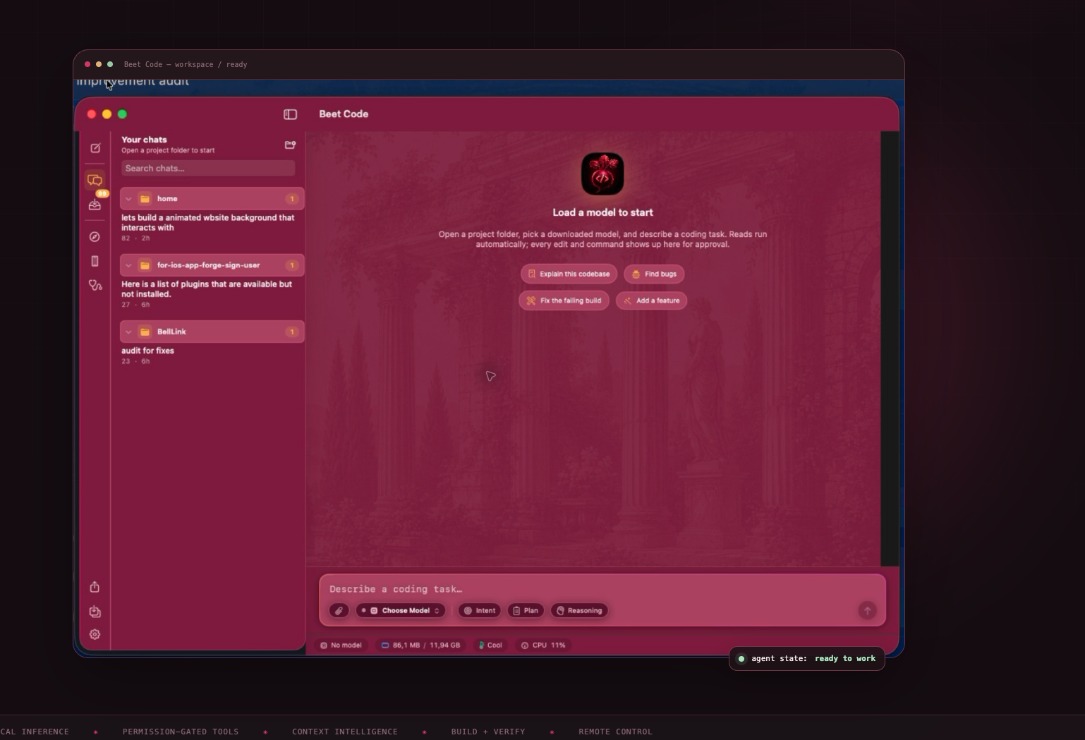 Vamp Assistant Mac app showing the workspace sidebar, chat area, composer, model status, browser and simulator controls