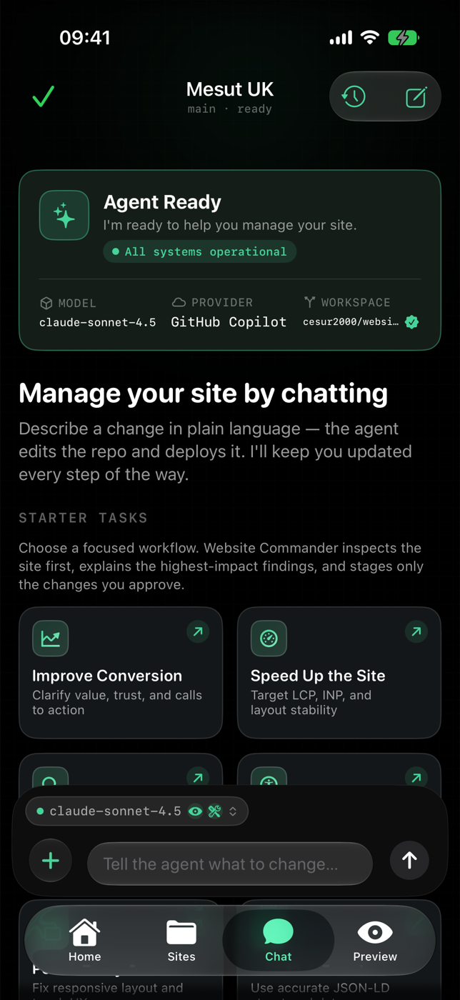 Website Commander chat workspace on iPhone with starter tasks