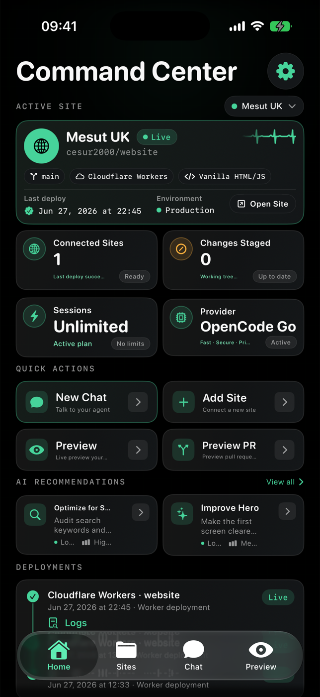 Website Commander Command Center on iPhone with live deployment status