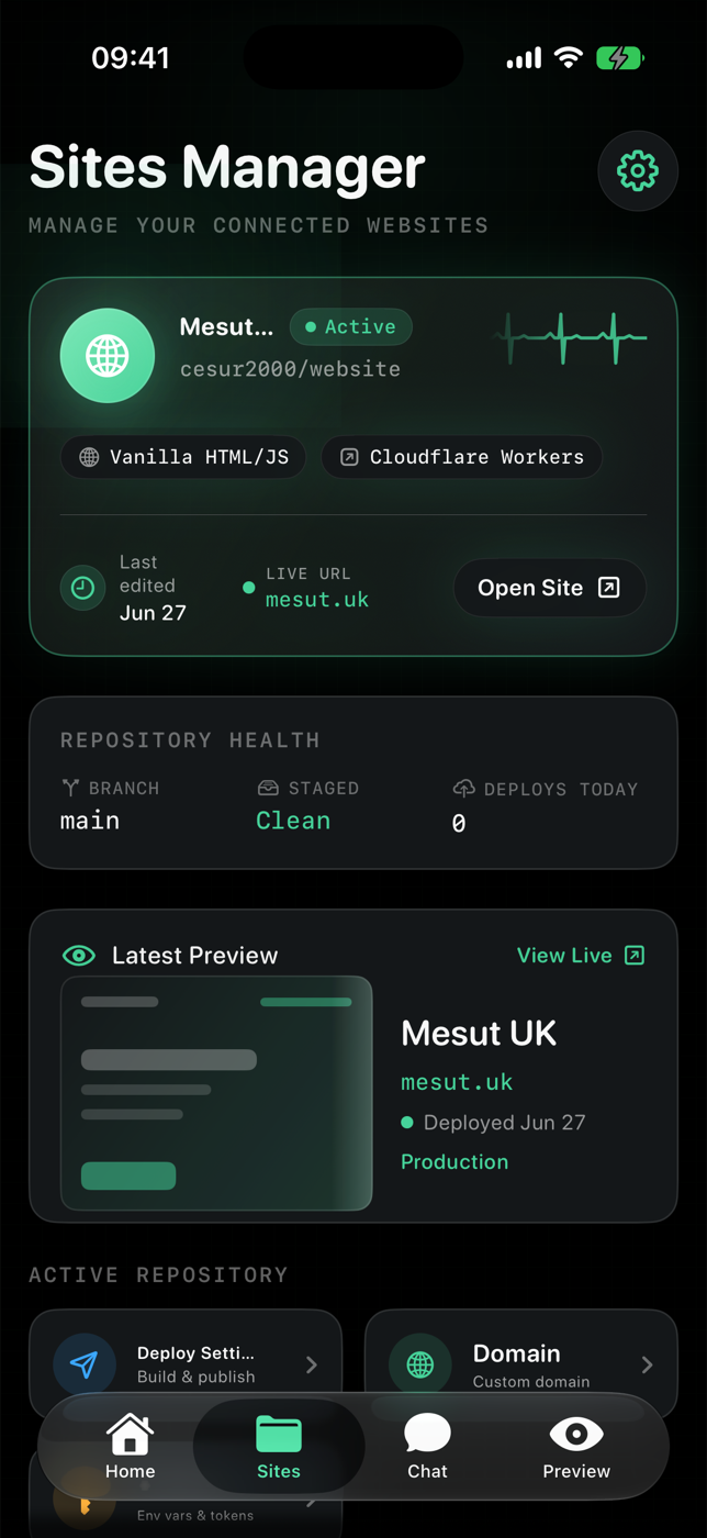 Website Commander Sites Manager on iPhone with Clear Glass styling